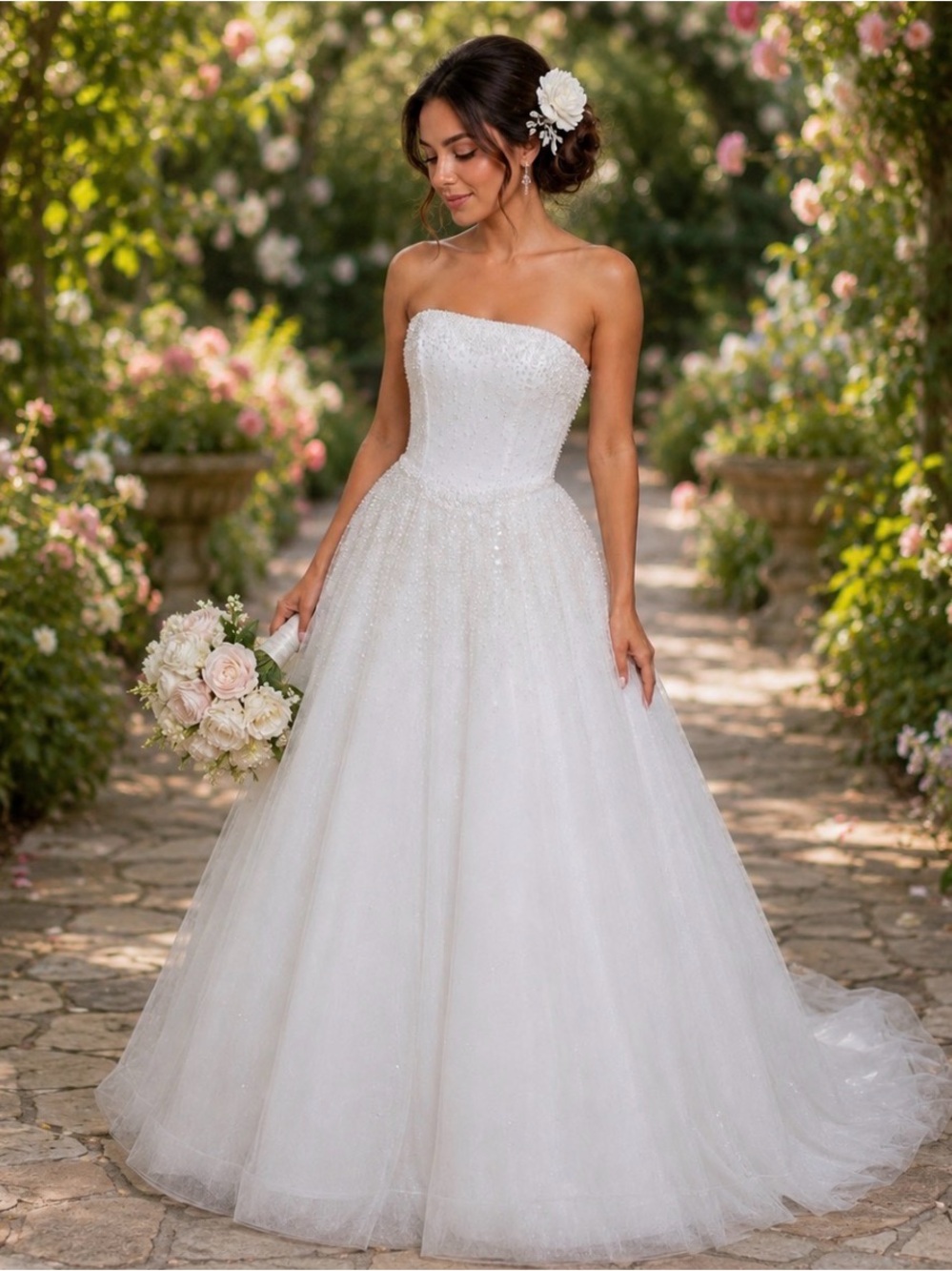 Oleg Cassini White Pearl Embellished Wedding Gown
